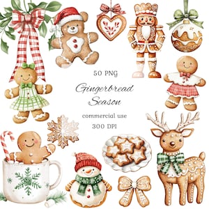 Pode incluir: Ilustração em aquarela de várias decorações de Natal com tema de pão de gengibre. Inclui um urso de gengibre, um boneco de neve, uma rena e biscoitos. A imagem também apresenta o texto "Gingerbread Season".