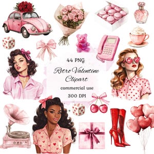 Pacote de clipart png aquarela retrô valentine, clipart de mulher retrô, clipart retrô pastel, dia dos namorados, clipart romântico, scrapbooking