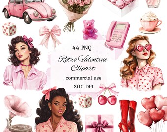 May include: A set of 44 retro Valentine's Day clip art images in pink, red, and white. The images include a vintage car, a bouquet of roses, a heart-shaped gift box, a pair of red boots, a retro phone, a woman with a pink shirt, a woman with a pink shirt and hearts, a woman with a pink shirt and hearts, a dice, a cherry, a cupcake, a macaron, a teddy bear, and a record player.
