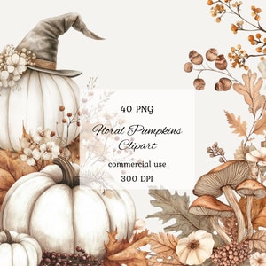 Watercolor neutral pumpkin clipart png bundle, white pumpkin, neutral halloween, fall floral pumpkin, rustic boho autumn, scrapbooking