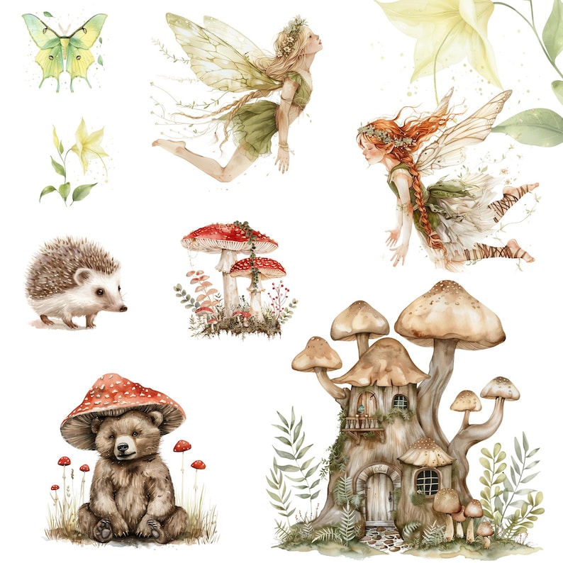 Watercolor Magical Fairy Garden Clipart Png Bundle, Cute Fairy Forest ...