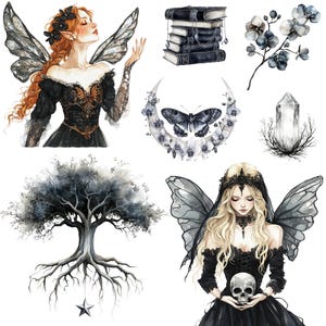 Watercolor Dark Fairy Clipart Png Bundle, Black Fairy Tale, Gothic ...