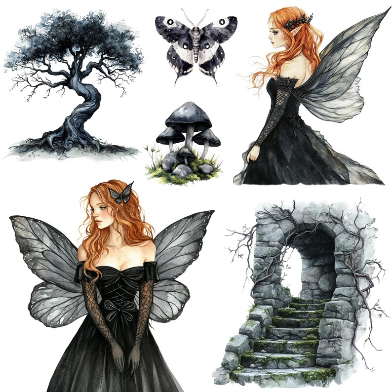 Watercolor Dark Fairy Clipart Png Bundle, Black Fairy Tale, Gothic ...