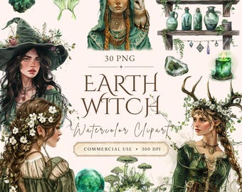 Earth Witch Watercolor Clipart Bundle, Witchcraft, Wicca, Whimsical Nature Witches (Digital Download), Scrapbooking