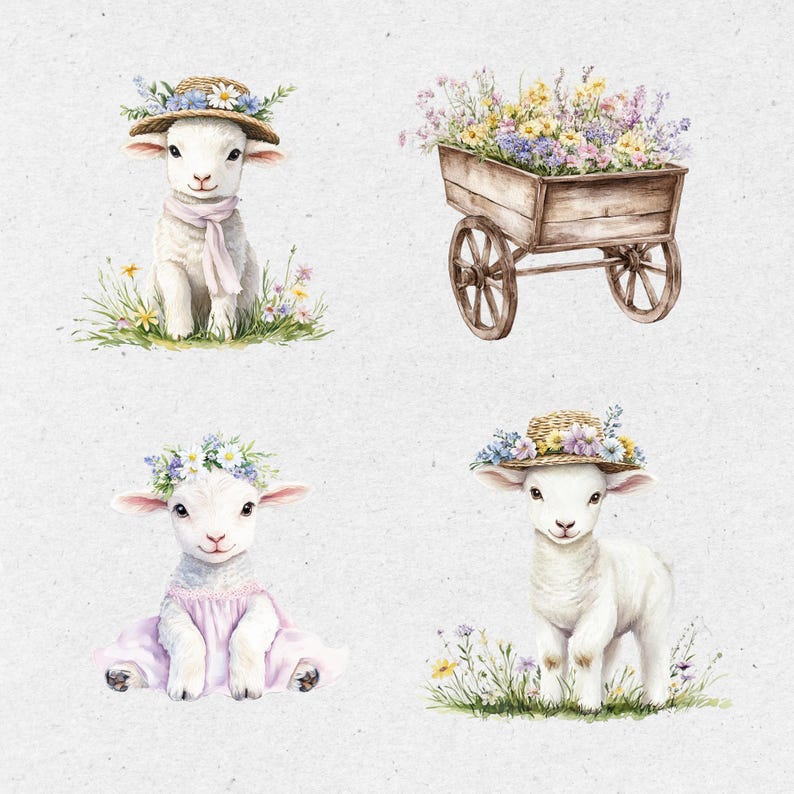 May include: Four watercolor illustrations of lambs wearing straw hats and flower crowns. Two lambs are sitting and two are standing. The lambs are surrounded by flowers and greenery. One illustration features a wooden wagon filled with flowers.
