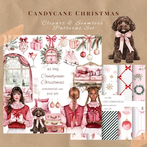May include: A digital art set titled "Candycane Christmas" featuring watercolor illustrations of holiday elements. Includes images of gifts, ornaments, a dog, and patterns. The set contains 65 PNG files and 10 JPG seamless patterns, all at 300 DPI.