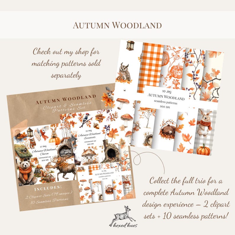 May include: An image showcasing an "Autumn Woodland" themed clipart and seamless patterns set. The set includes 2 clipart sets with 77 images and 10 seamless patterns. The design features fall-themed illustrations of animals, leaves, and pumpkins.