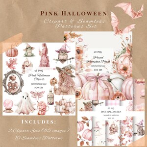 May include: A digital art set titled "Pink Halloween" featuring clipart and seamless patterns. The set includes 2 clipart sets with 85 images and 10 seamless patterns. The artwork showcases pink pumpkins, bats, witches, ghosts, and other Halloween-themed illustrations.