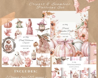 Pink halloween clipart png bundle, pastel halloween, watercolor halloween, pastelloween, cute halloween png, commercial use, scrapbooking