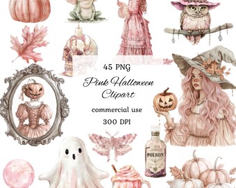 Różowy halloween clipart png pakiet, pastelowe halloween, akwarelowe halloween, pastelowe, słodkie halloween png, komercyjne wykorzystanie, scrapbooking