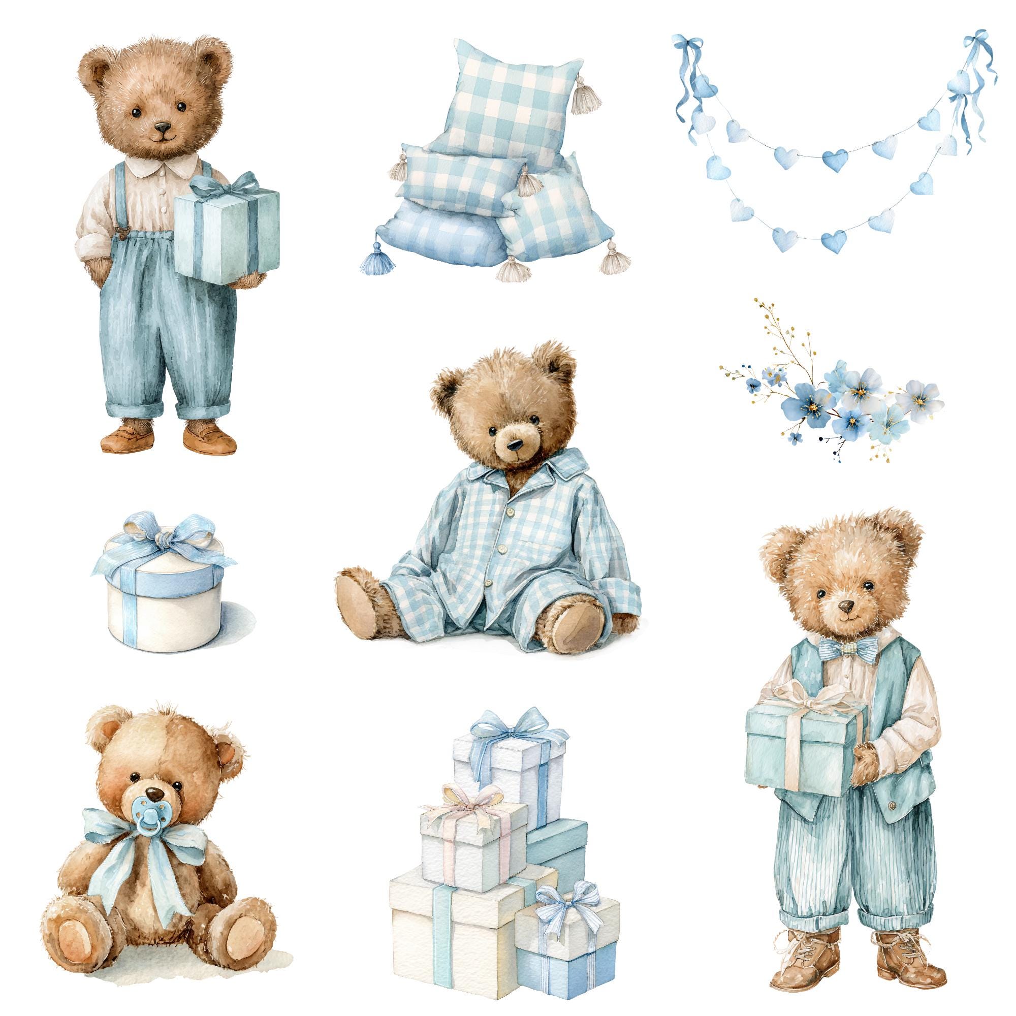 Watercolor Blue Teddy Bear Clipart Png Bundle, Baby Teddy Bear Blue ...