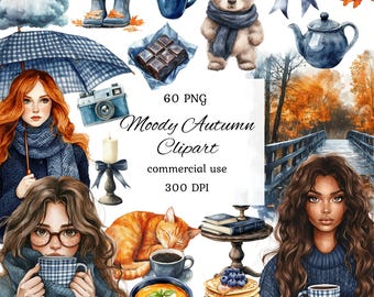 Watercolor moody autumn landscape clipart png bundle, rainy days, pumpkin, autumn girl, cottagecore, cozy fall autumn planner, scrapbooking