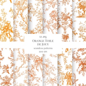 May include: A collection of 12 JPG orange toile de Jouy seamless patterns. The patterns feature floral, bow, and branch designs in orange on a white background. The image includes the text "Orange Toile de Jouy" and "seamless patterns".