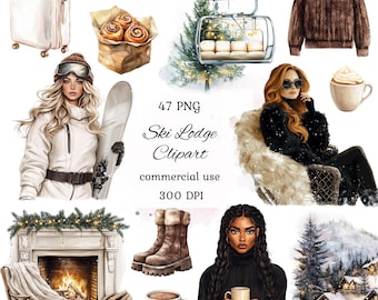 Watercolor winter ski clipart png bundle, winter girl clipart, ski resort, snowboard clipart, winter holiday, commercial use, scrapbooking
