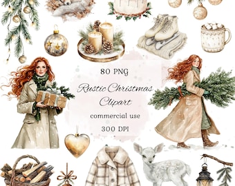 Rustic christmas clipart png bundle, watercolor christmas, winter clipart, neutral christmas, boho christmas png, commercial use