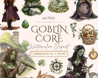 Goblincore clipart png-bundel, fantasie clipart, groene heks clipart, cottagecore, grillige clipart, sprookje, commercieel gebruik, scrapbooking