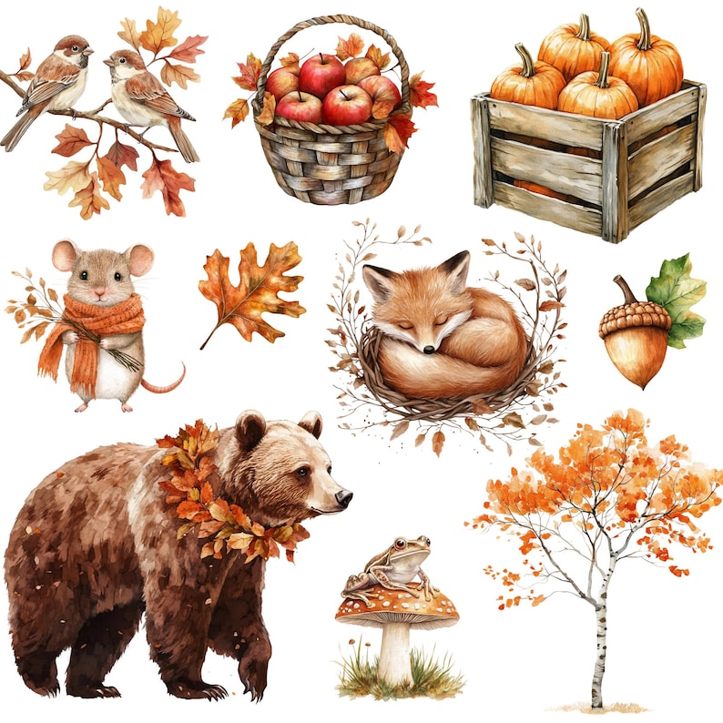 May include: Watercolor illustrations of autumn elements, including a basket of apples, pumpkins in a wooden crate, a sleeping fox, a bear with a leaf garland, a mouse with a scarf, and a frog on a mushroom.