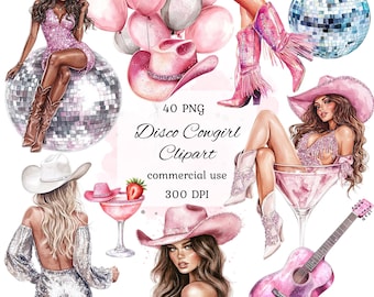 Pink disco cowgirl clipart png bundle, disco cowgirl balloons, disco cowgirl bachelorette, cowgirl hat, wild west, scrapbooking