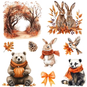 May include: Watercolor illustrations of autumn animals and elements. Includes a bear holding a pumpkin, rabbits, a badger, a bird, a pinecone, and a bow. The color palette features warm tones of orange, brown, and gold, evoking a cozy fall atmosphere.