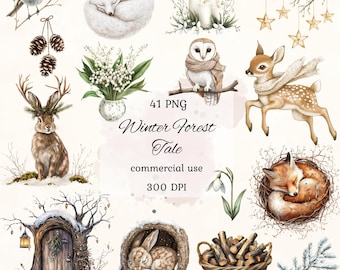 May include: A set of 41 watercolour illustrations featuring winter forest animals, plants, and objects. The illustrations include a fox, owl, deer, rabbit, robin, snowdrop, pine cones, a tree stump with a door, a basket of firewood, and more. The illustrations are perfect for creating winter-themed crafts, cards, and other projects.