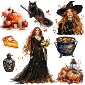 Samhain watercolor clipart png bundle, celtic neopagan wiccan clipart, witchcraft, witch clipart, commercial use, scrapbooking, junk journal image 6