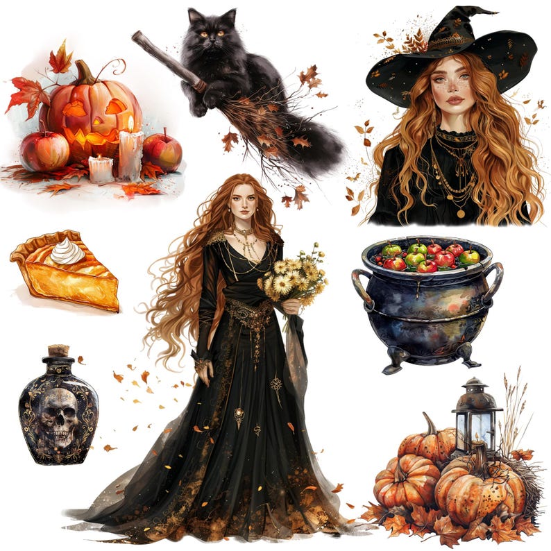Samhain watercolor clipart png bundle, celtic neopagan wiccan clipart, witchcraft, witch clipart, commercial use, scrapbooking, junk journal image 6