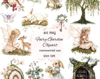 Op de afbeelding: Een set van 60 PNG-clipart afbeeldingen met een sprookjesachtig feeëntuin thema. De afbeeldingen bevatten feeën, een hert, een konijn, een kikker, een vogel, een boom, een huis, een sleutel, een vlinder en bloemen. De afbeeldingen zijn perfect voor het maken van digitale of gedrukte projecten.
