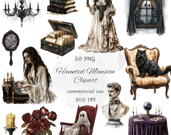 Haunted mansion watercolor clipart png bundle, halloween clipart, haunted house, ghost clipart, spooky mansion, commercial use, scrapbooking
