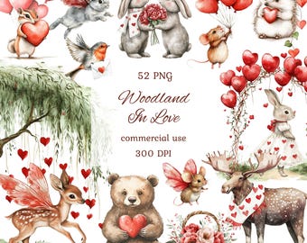 Aquarel Valentijn bos dieren clipart png bundel, Valentijnsdag clipart, liefde dieren, digitale download