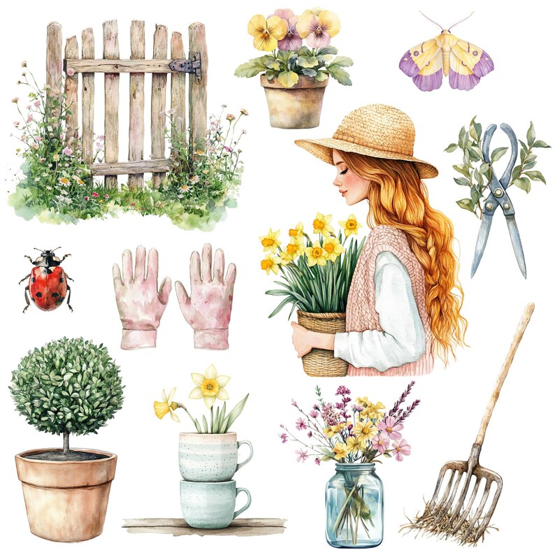 May include: A watercolor illustration of gardening tools and plants. The illustration includes a wooden fence, a pair of gardening gloves, a ladybug, a potted plant, a rake, a potted flower, a potted plant with flowers, a woman holding a potted plant, a butterfly, and a pair of pruning shears.