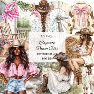 Bundle de png de clipart fille ranch, clipart aquarelle cow-girl, clipart bottes de cow-girl, chapeau de cow-girl, clipart ranch, clipart western, scrapbooking