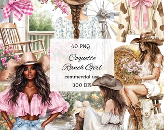 Ranch girl clipart png bundle, cowgirl watercolor clipart, cowgirl boots clipart, cowgirl hat, ranch clipart, western clipart, scrapbooking
