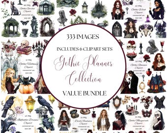 Watercolor gothic planner clipart png bundle, gothic halloween skull, gothic floral garden, gothic bride, gothic couple, scrapbooking