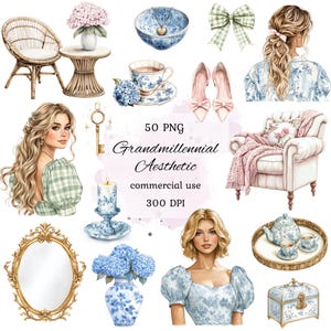Pacote de clipart png grandmillennial aquarela, clipart azul chinoiserie, clipart de casa aconchegante, clipart vintage, scrapbooking, uso comercial