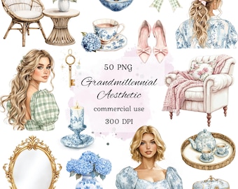 May include: A collection of 50 digital illustrations in a grandmillennial aesthetic. The illustrations include a wicker chair, a floral arrangement, a teacup and saucer, a woman with blonde hair, a candle, a mirror, a vase with blue flowers, a woman in a blue dress, a teapot, a teacup, a tray, a chest, a bowl, a pair of shoes, a bow, and a woman with her hair in a ponytail. The illustrations are all in a watercolor style and are perfect for adding a touch of vintage charm to your designs.