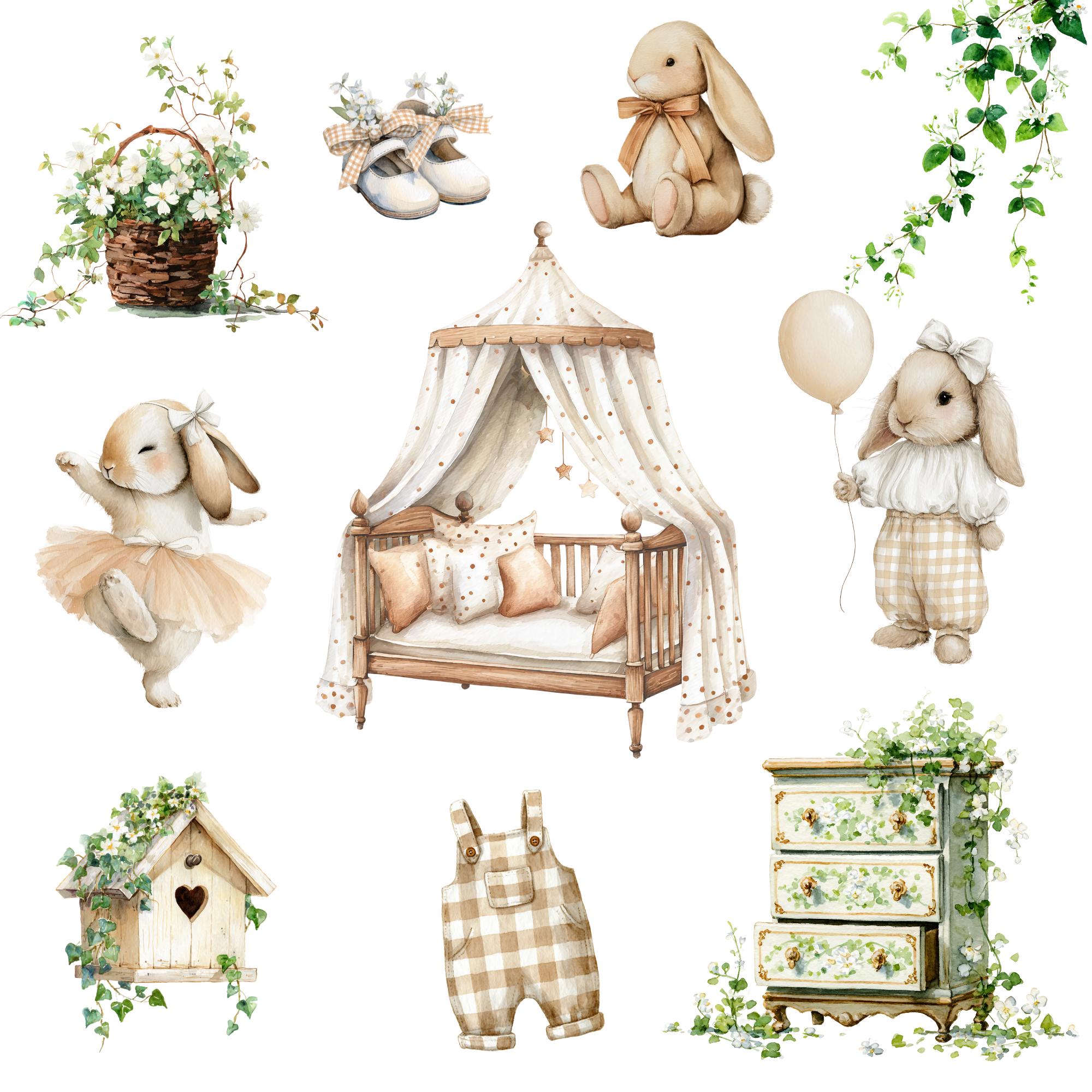 Neutral Rabbit Stuff For Rabbits Watercolor Bunny Clipart, Cute Easter Rabbits, Neutral Baby Shower ...