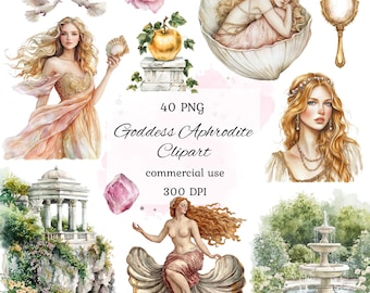 Watercolor greek goddess Aphrodite clipart png bundle, greek mythology clipart, divine feminine, goddess clipart, occult, scrapbooking