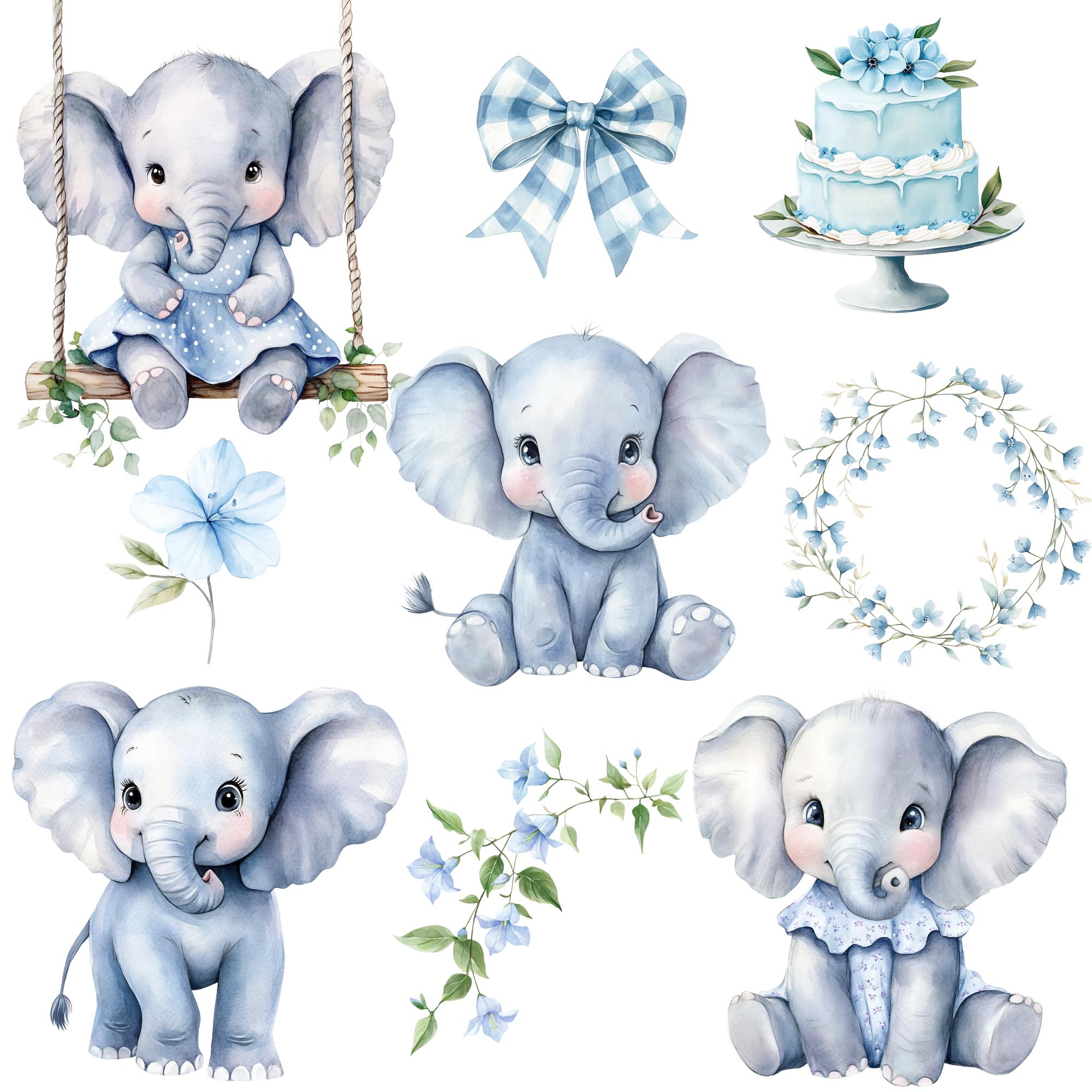 Watercolor Blue Baby Elephants Clipart Png Bundle, Blue Elephant Baby ...