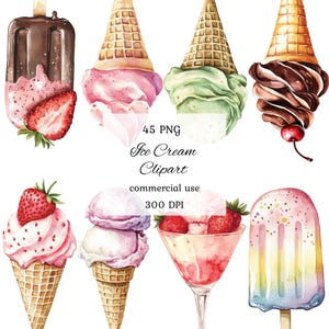 Bundle di clipart png di gelato ad acquerello, clipart di cono gelato, clipart di paletta per gelato, clipart estiva, gusto di gelato, scrapbooking