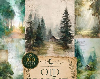 May include: A collage of watercolor forest scenes. The central image shows a path leading to a cabin, surrounded by tall pine trees. The text "Old Forest" is displayed with a circular emblem that reads "100 pages". The color palette includes greens, browns, and soft blues.