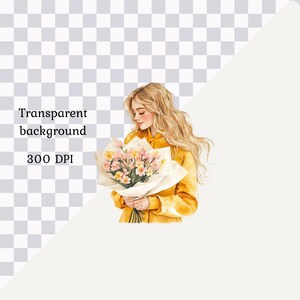 May include: A watercolor illustration of a woman with long blonde hair holding a bouquet of pink and yellow flowers. She is wearing a yellow sweater and is looking down at the flowers.