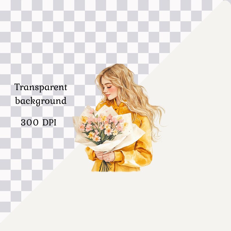 May include: A watercolor illustration of a woman with long blonde hair holding a bouquet of pink and yellow flowers. She is wearing a yellow sweater and is looking down at the flowers.