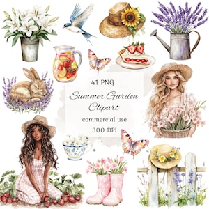 Watercolor summer garden clipart png bundle, flower garden clipart, summer clipart, summer girl clipart, cottagecore clipart, scrapbooking