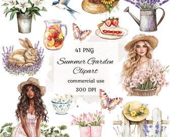 Watercolor summer garden clipart png bundle, flower garden clipart, summer clipart, summer girl clipart, cottagecore clipart, scrapbooking