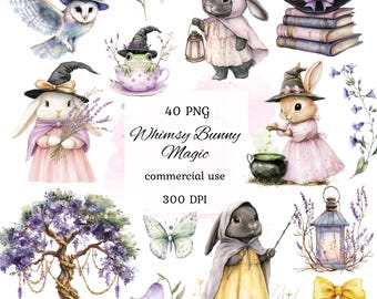 May include: Watercolor illustrations of whimsical bunnies, an owl, and a frog, all wearing witch hats and cloaks. The image includes a tree, butterfly, flowers, a lantern, and the text "Whimsy Bunny Magic".