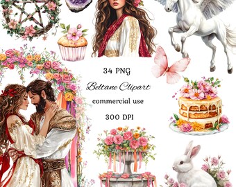 Watercolor beltane clipart bundle, celtic neopagan wiccan clipart, ai art, witch clipart, commercial use