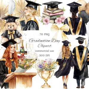 Watercolor graduation clipart png bundle, graduation girl clipart, graduation cap, college graduation, student clipart, graduation day