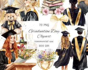 Paquete de imágenes prediseñadas de graduación en acuarela, imágenes prediseñadas de niña graduada, birrete de graduación, graduación universitaria, imágenes prediseñadas de estudiante, día de graduación