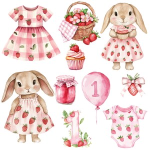 K&ouml;nnte beinhalten: Aquarell-Illustration mit Erdbeermotiv. Enth&auml;lt ein rosa Vichy-Kleid, einen Korb mit Erdbeeren, einen Cupcake, ein Glas Marmelade, einen rosa Ballon mit der Zahl 1, ein H&auml;schen mit einem Cupcake, ein H&auml;schen in einem Erdbeerkleid, eine Zahl 1 mit Erdbeeren und einen Baby-Strampler.