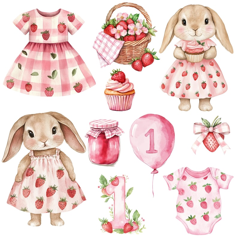 K&ouml;nnte beinhalten: Aquarell-Illustration mit Erdbeermotiv. Enth&auml;lt ein rosa Vichy-Kleid, einen Korb mit Erdbeeren, einen Cupcake, ein Glas Marmelade, einen rosa Ballon mit der Zahl 1, ein H&auml;schen mit einem Cupcake, ein H&auml;schen in einem Erdbeerkleid, eine Zahl 1 mit Erdbeeren und einen Baby-Strampler.